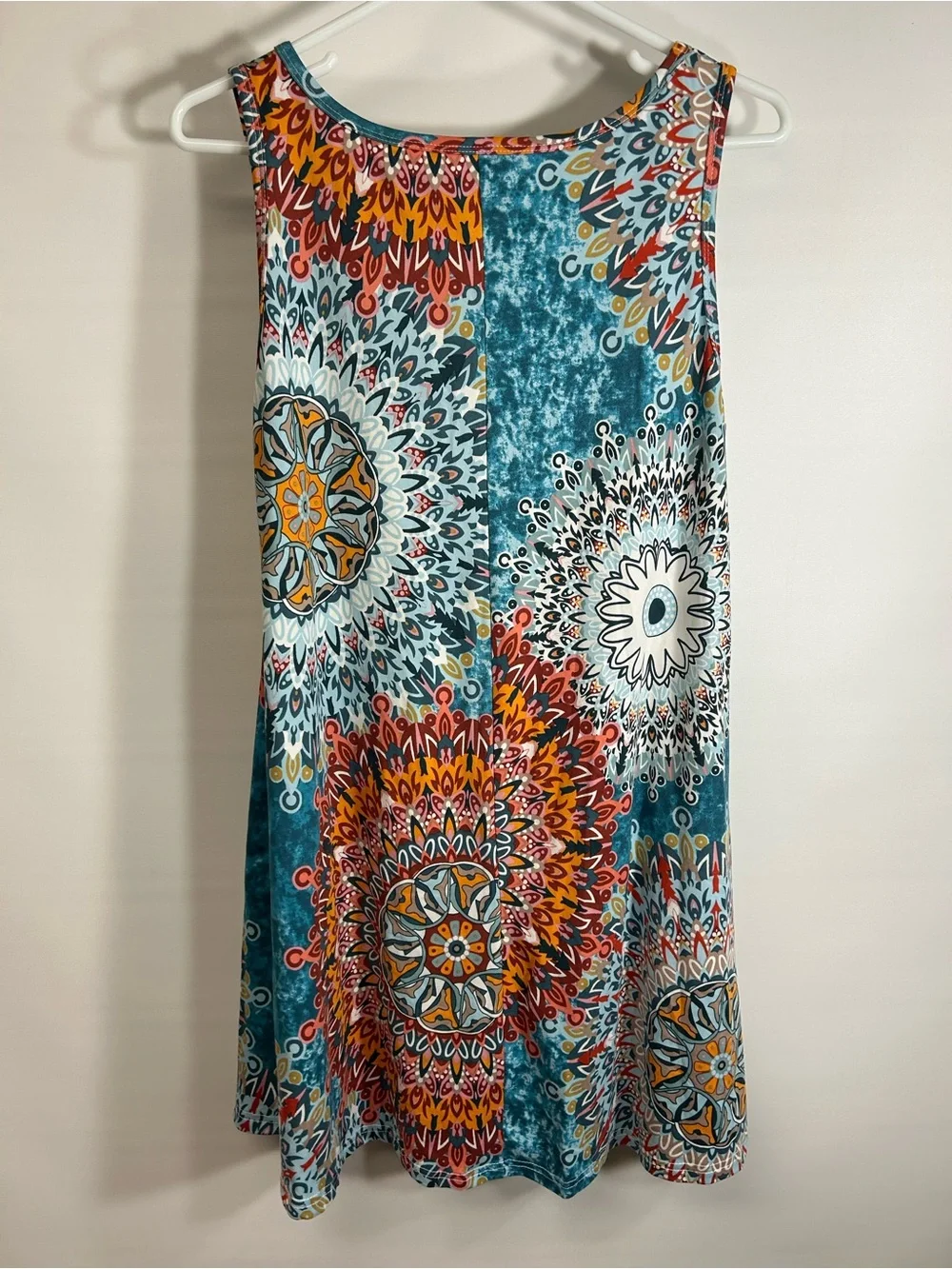 Teal Multicolor Mandala Print Sleeveless Tank Midi Dress size Large w/ pockets - Picture 2 of 7